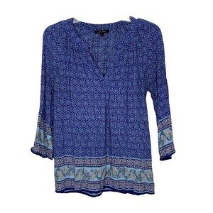 Anne Carson Blouse Sz M 3/4 Sleeve Caftan Neck Blue Boho hippie